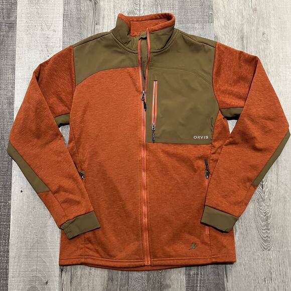 Orvis Hybrid Jacket Mens S Full Zip Orange/Brown Soft Shell Wool Blend Jacket - Picture 1 of 6